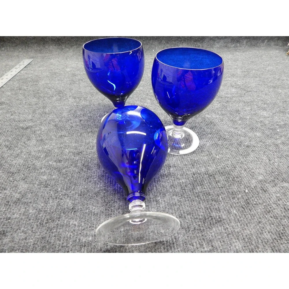 Vintage Cobalt Blue Wine Goblets Set of 3 Clear Stem Water Glasses